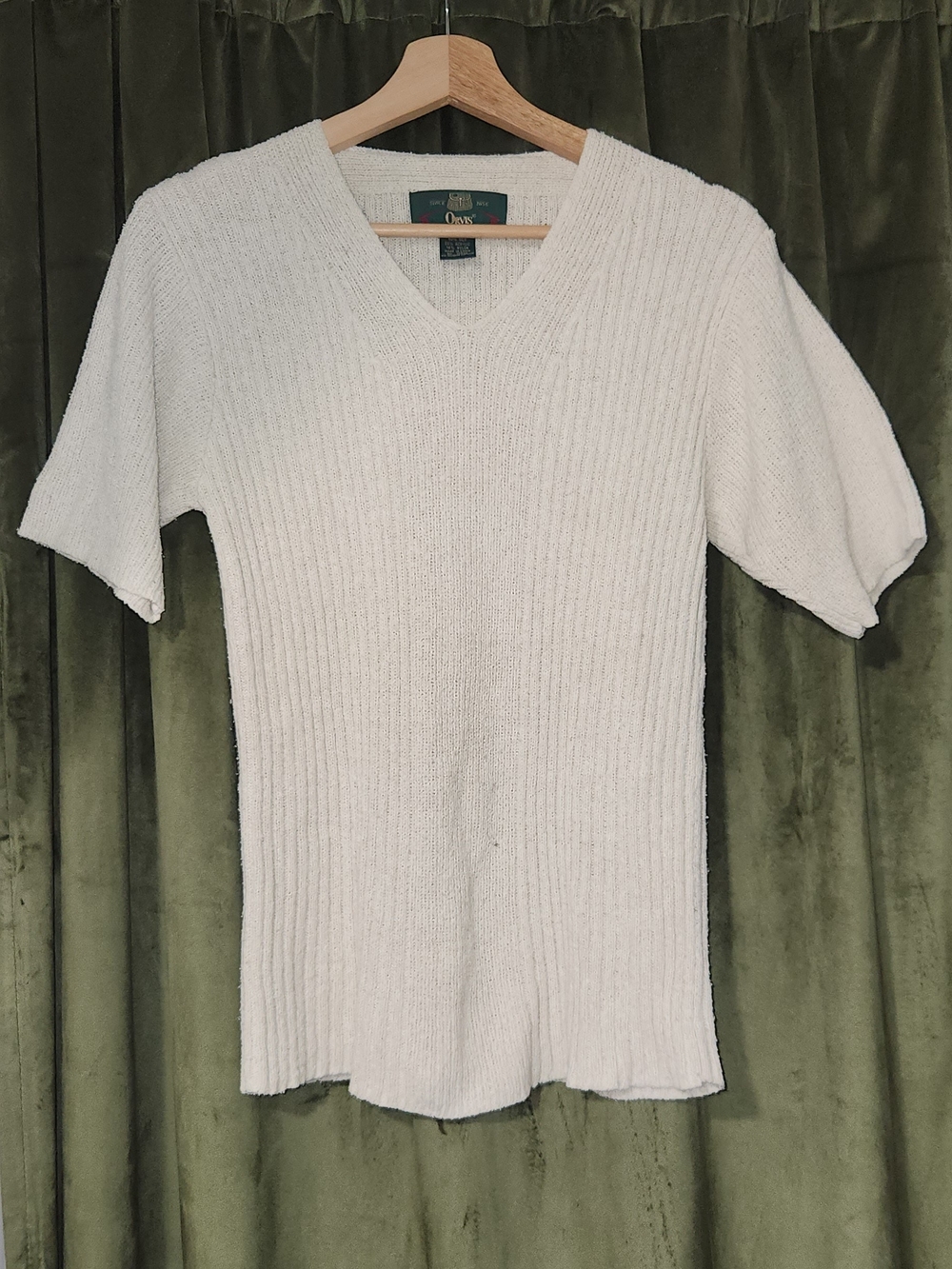 Orvis Womens Silk Blend Ribbed V-Neck Short Sleeve Sweater Cream Ivory Small